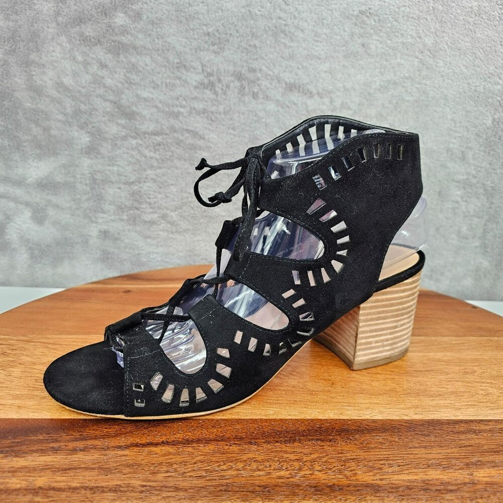 BP Decker Lace Up Sandals 8.5 M Black Faux Suede Laser Cut Open Toe Stacked Heel